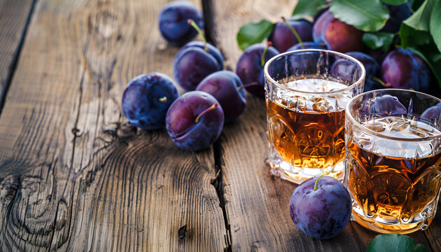Slivovica - plum brandy or plum vodka, hard liquor, strong drink in glasses on old wooden table, fresh plums, copy space