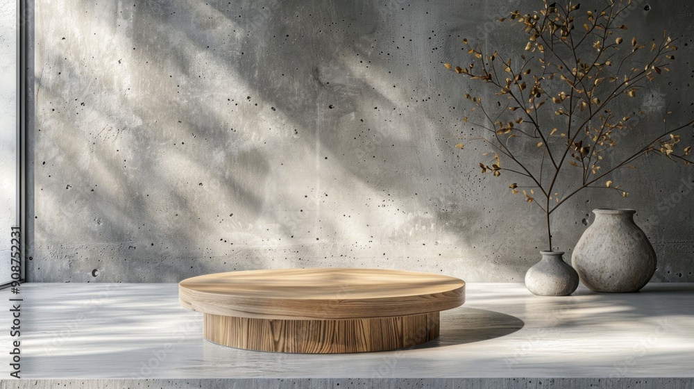 Poster a wooden table with a vase on it sits in front of a wall