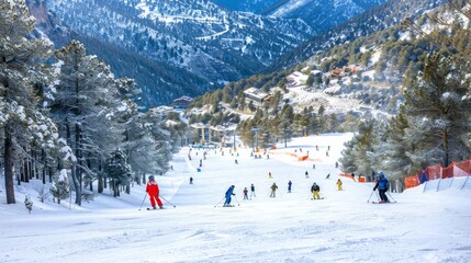 A ski slope with many skiers and snowboarders on it
