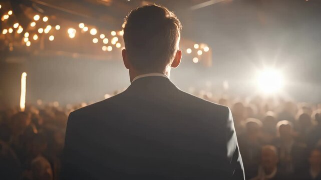 Man makes an outdoor speech in front of a crowd of political party members