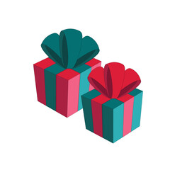 Christmas gift boxes in red and green with bows on a white background.