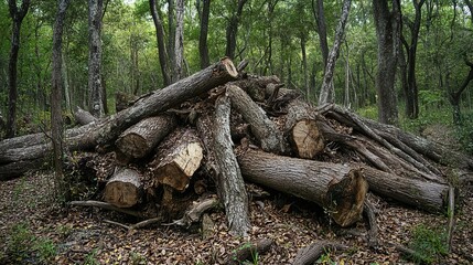 Fallen, aged trees lie scattered in a heap amidst the forest. Their stout, hollow trunks and slender limbs form a tangled pile.