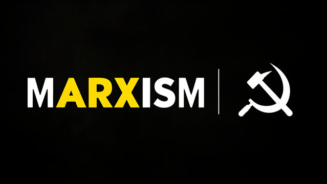 Illustraiton of the word marxism with hammer and sickle icons
