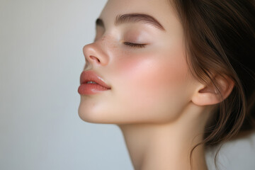 A close up of a girl's face with her eyes closed