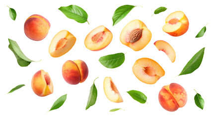Obraz premium set of peach fruit with half slice and green leaves isolated on transparent white background, clipping path