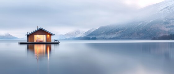 Fototapeta premium A serene lakeside cabin reflects the tranquility of nature amidst misty mountains and calm water.