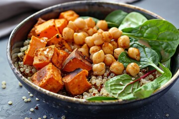 Nutritious grain bowl with quinoa, roasted sweet potatoes, chickpeas, and spinach, a satisfying and wholesome meal.