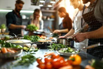 Team building activity with coworkers participating in a healthy cooking class, promoting nutrition and teamwork.