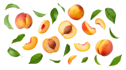 set of peach fruit with half slice and green leaves isolated on transparent white background, clipping path
