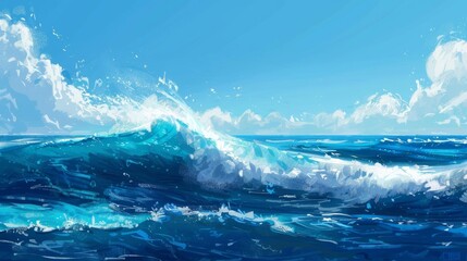 Obraz premium A serene ocean wave captured under a clear blue sky, showcasing the beauty of nature's elements and tranquil waters.