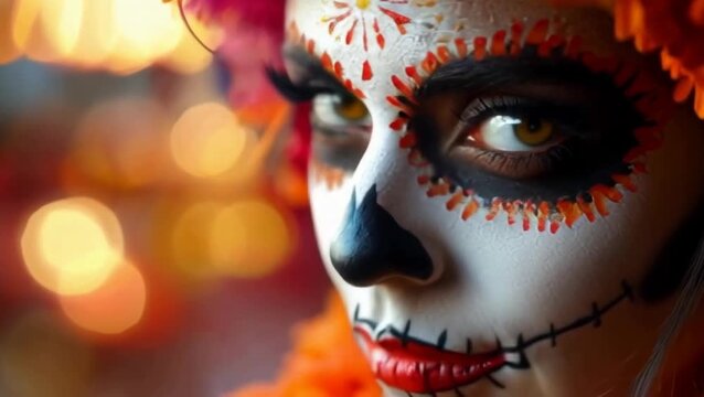 A woman with a skull painted on her face, dia de Muertos.