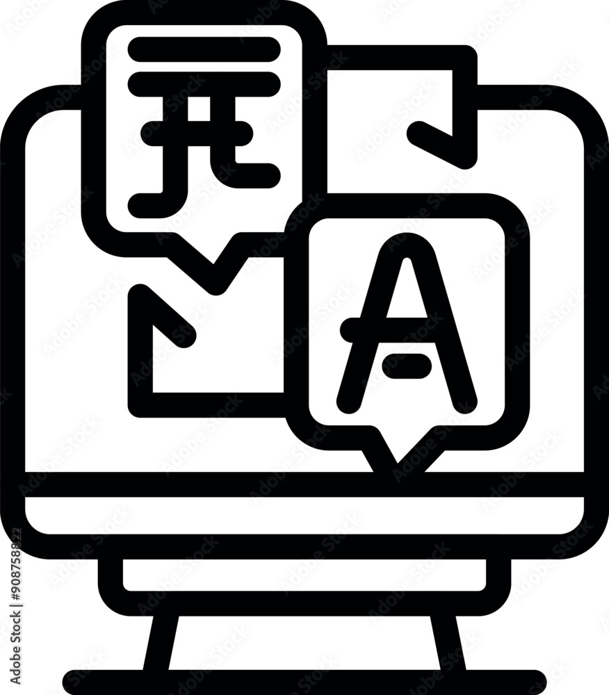 Poster computer translating foreign language with dictionary icon, outline style