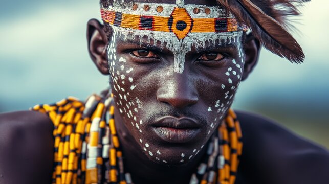 A young African tribal warrior displays intricate face paint and traditional jewelry, embodying the rich cultural heritage of his people