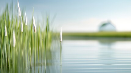 Obraz premium A serene view of a calm body of water surrounded by delicate grass and a faint silhouette of a structure in the background.