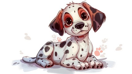 Naklejka premium Cartoon dalmatian puppy with big brown eyes lying on white background