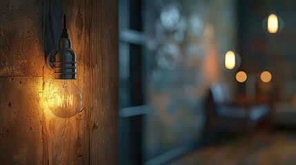 Obraz premium Light bulb in a socket casting warm glow in a cozy room with a window, realistic.