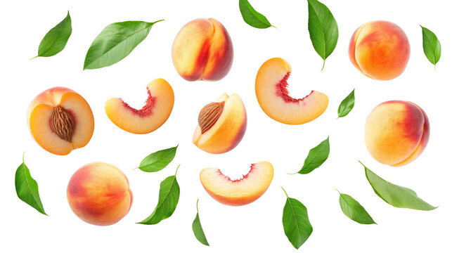 set of peach fruit with half slice and green leaves isolated on transparent white background, clipping path