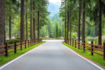 Fototapeta premium A serene road winding through lush pine trees with a wooden fence and majestic mountains in the background, perfect for nature lovers.