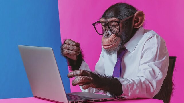 A monkey wearing glasses and a tie is sitting at a desk and using a laptop. Concept of humor and playfulness, as the monkey is dressed in a business attire and using a computer