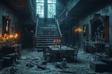 Abandoned mansion with haunted house elements and eerie figures