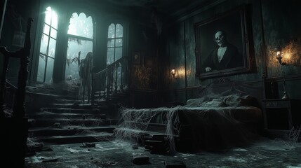 Abandoned Victorian estate with haunted house elements and ghostly figures