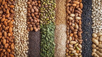 Background from different types of nuts and seeds - peeled walnut, hazelnuts, peeled peanut, pine nut kernels, almond seeds, cashew seeds, pistachio nuts in the shell, pumpkin seeds 