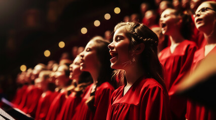 A close-up shot of a children's choir performing on stage, wearing red robes, singing passionately under warm stage lights.