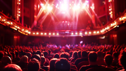 A full audience watching a vibrant live performance with bright stage lighting inside a grand...