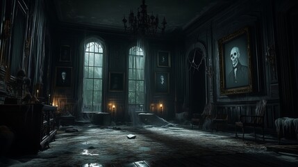 Fototapeta premium Haunted Victorian mansion with eerie ghosts and cobweb-covered rooms