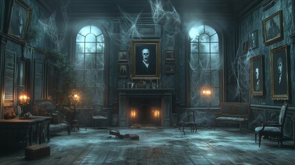 Haunted Victorian mansion with eerie ghosts and cobweb-covered rooms