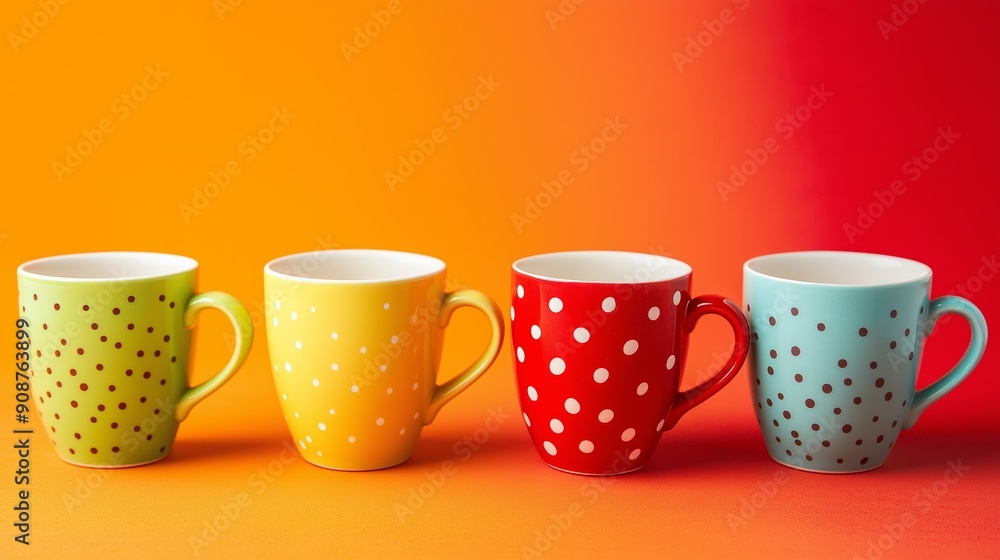 Poster four colorful coffee mugs with polka dots and stripes. the mugs are arranged in a row on a red backg