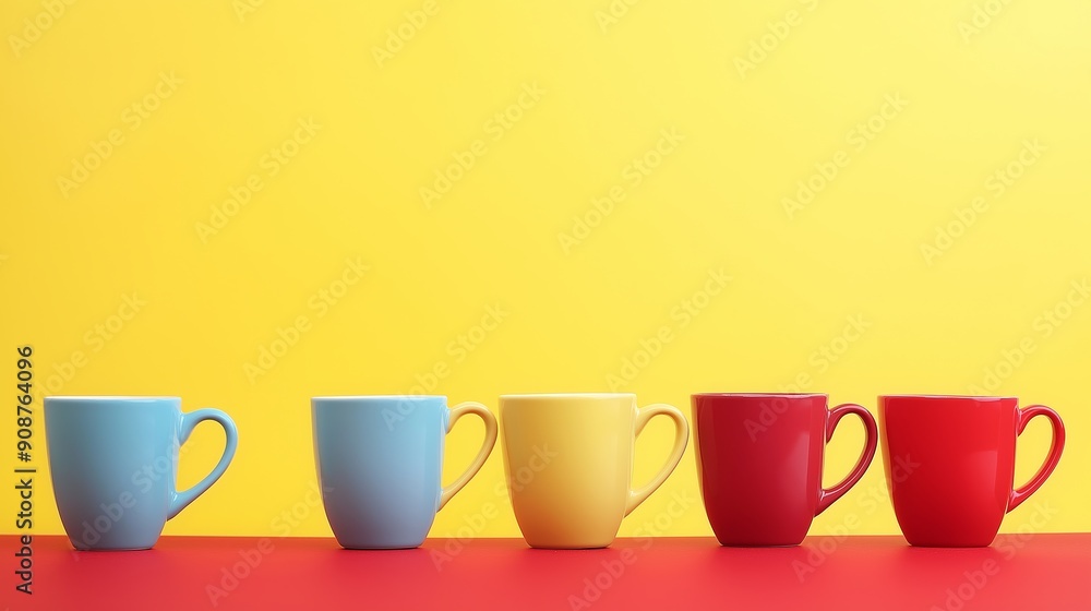 Poster a row of five cups, each with a different color, sit on a red table. the cups are arranged in a line