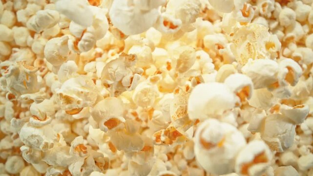 Super Slow Motion Shot of Falling Fluffy Popcorn Followed by Camera at 1000 fps.
