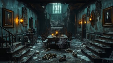Spooky Victorian mansion with haunted house elements and ghostly figures