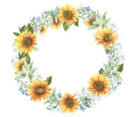 Watercolor sunflower border, hand-painted summer flower bouquet, frame, wreath png