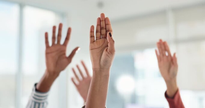 Business people, group and hands raised for question in office with startup workshop, answer and vote support. Employees, crowd or audience in training with feedback or orientation query in meeting