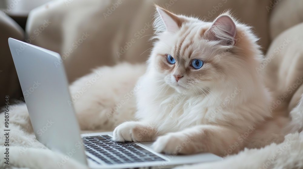 Poster a cat is laying on a couch and using a laptop. the cat appears to be focused on the screen, possibly