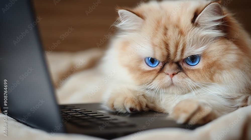 Poster a cat is sitting on a laptop keyboard and looking at the camera. the cat appears to be angry or anno