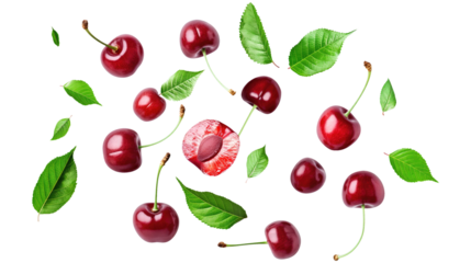red cherries with green leaves slice isolated on transparent white background, clipping path