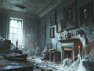 Victorian mansion with classic haunted house decor and ghostly apparitions