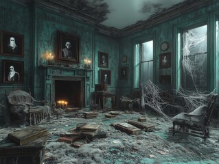 Victorian mansion with classic haunted house decor and ghostly apparitions