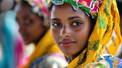 Obraz premium Amhara women showcase vibrant traditional attire adorned with intricate patterns while engaging in lively cultural expressions during a local celebration