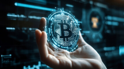 Hand holding Bitcoin, futuristic interface overlay