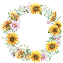 Fototapeta premium Watercolor sunflower border, hand-painted summer flower bouquet, frame, wreath png