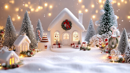 Enchanting Winter Wonderland with Snowy House, Christmas Trees, and Gifts