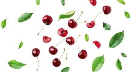 red cherries with green leaves slice isolated on transparent white background, clipping path