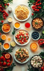 A colorful array of fresh ingredients and dishes arranged artistically, showcasing vibrant flavors and culinary creativity.