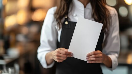 Woman Holding a Blank Menu in Cafe
