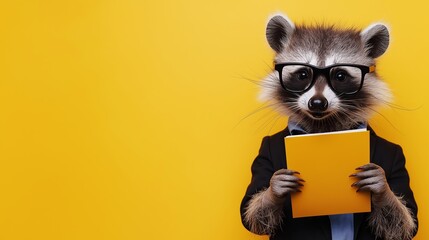 Fototapeta premium A raccoon wearing glasses and a suit holding a book. Concept of humor and playfulness, as the raccoon is dressed in formal attire and holding a book, which is not a typical activity for a raccoon