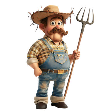 A cheerful cartoon farmer character holding a pitchfork, dressed in overalls and a straw hat, perfect for agricultural themes , PNG , transparent background